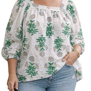 Lane Bryant White Floral Block Print Cotton Square Neck Blouse 26/28